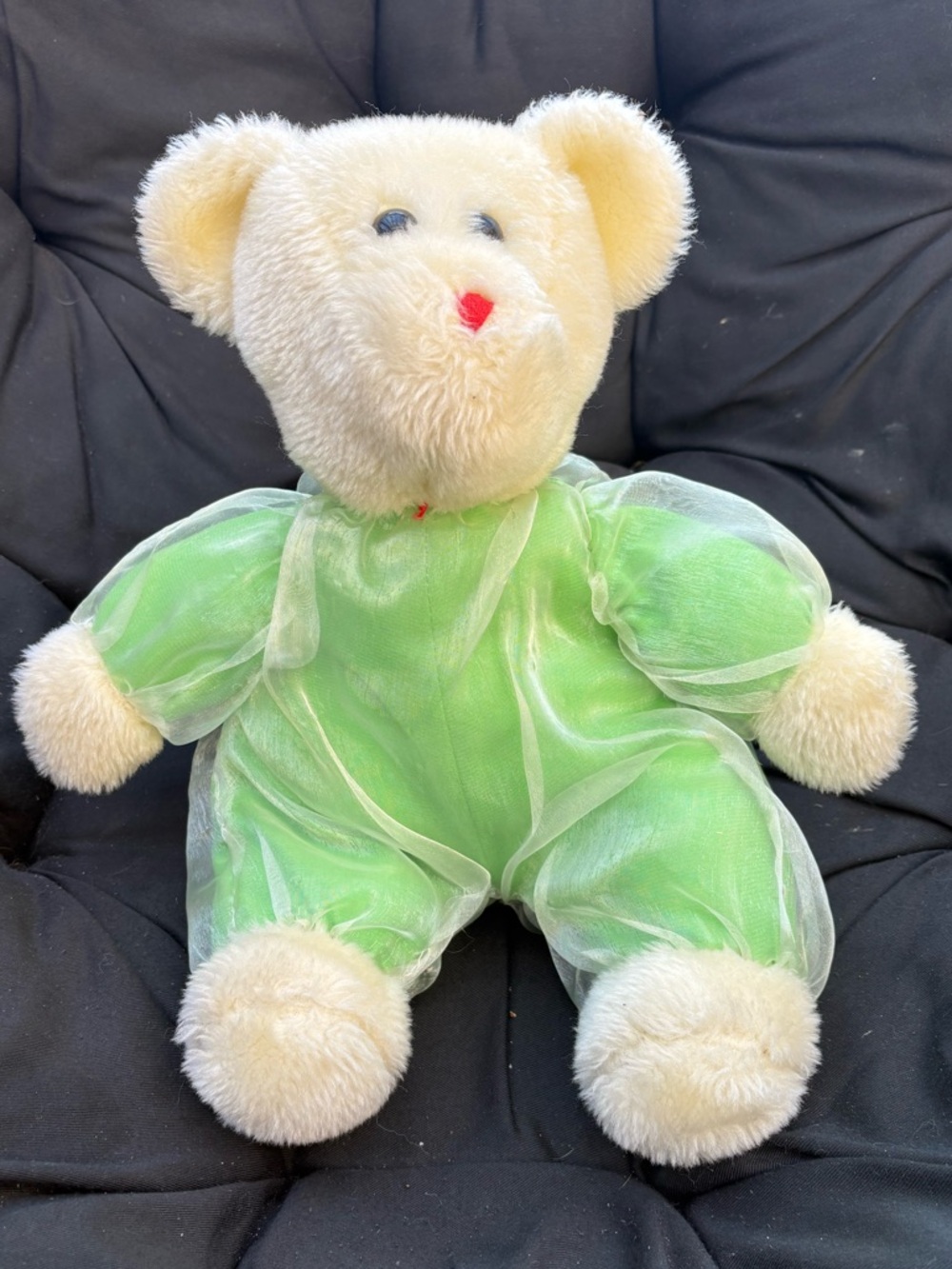 Vintage 90s White Teddy Bear - Iridescent Green Organza Outfit